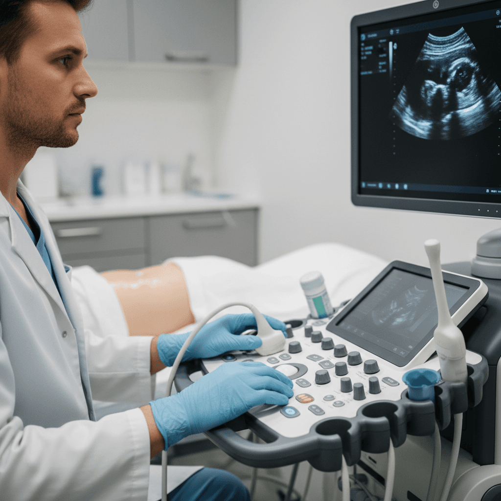 Médico especialista operando equipamento de ultrassom durante avaliação