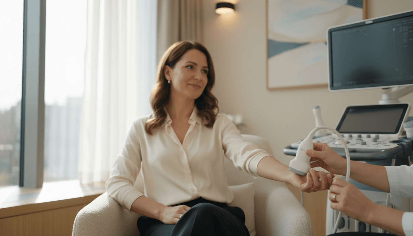 Paciente em consultório de ultrassom com Dr. Isaac Carvalho realizando exame com equipamento moderno